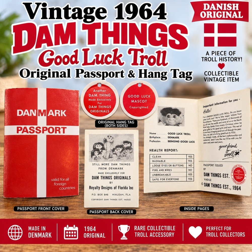 Vintage 1964 Dam Things Good Luck Troll Original Passport and Hang Tag Denmark